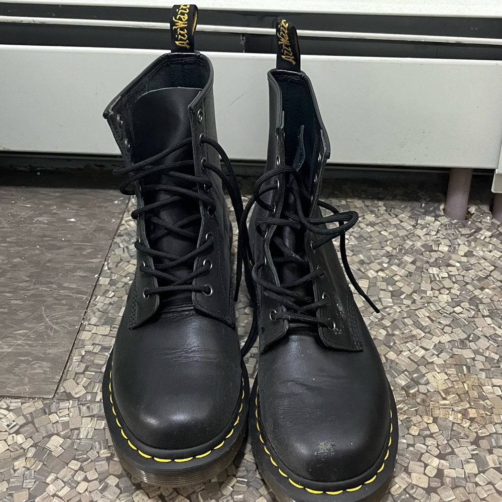 Dr. Martens Black Leather Lace-Up Boots with Yellow Stitching